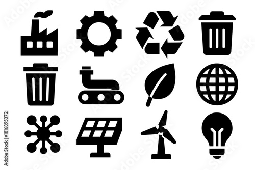 Industrial Recycling Icons. Industrial Recycling silhouette icon set. factory building, gear, conveyor belt, recycling symbol, trash bin, pipeline, leaf, globe, data nodes, solar