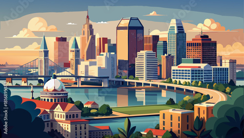 Very beautiful aerial view of downtown Louisville, Kentucky, featuring the city skyline along the Ohio River, with modern high-rises, bridges, and riverfront reflections creating a vibrant and balance