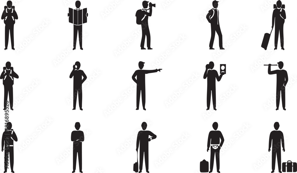 Fototapeta premium Silhouette figures of people engaged in various activities includes reading, photography, travel, communication, and leisure