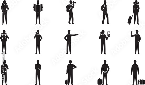 Silhouette figures of people engaged in various activities includes reading, photography, travel, communication, and leisure