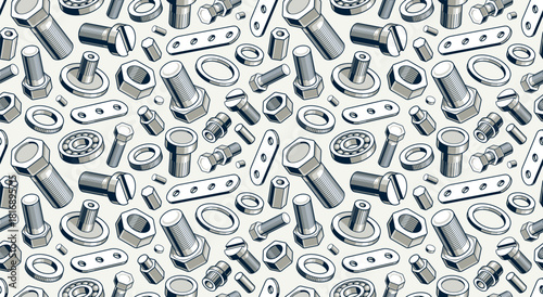 Bolts and nuts seamless background, repair and maintenance workshop tiling wallpaper, mechanic technics service endless pattern, elements easy to use separately.