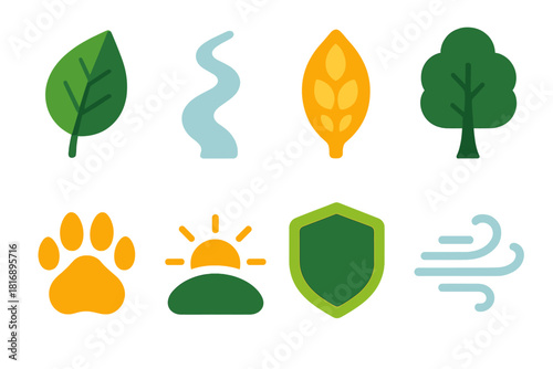 Nature Preserve Icons. Nature Preserve Elements flat icon set: forest leaf, river line, seed pod, tree silhouette, wildlife track, sunlight arc, protected patch, gentle breeze