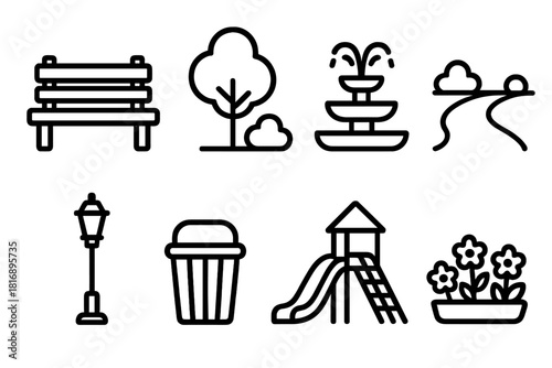 Urban Park Icons. Urban Parks linear icon set. bench, tree, fountain, walking path, lamppost, trash bin, playground slide, flower bed