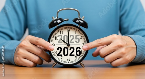 Hands point to a classic alarm clock face marking the transition from year 2025 to 2026, a concept for new beginnings, countdowns, and future goal setting
