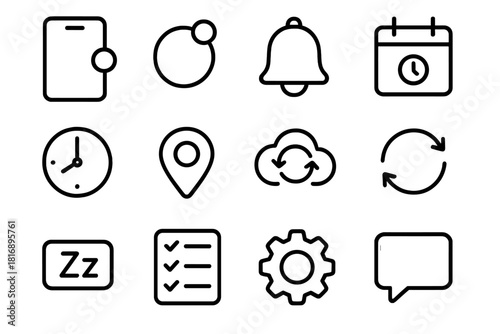 Smart Reminder Icons. Smart Reminders linear icon set: smartphone, notification badge, bell, calendar tile, clock hand, location pin, cloud sync, repeat arrows, snooze button