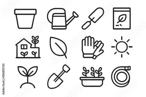 Urban Gardening Icons. Urban Gardening Icons linear icon set: plant pot, watering can, trowel, seed packet, rooftop garden, leaf, gloves, sun, sprout, shovel, window box, hose