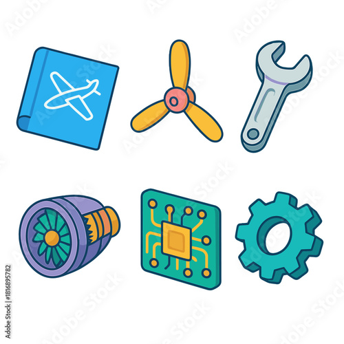 Isometric Aerospace Icons. Aerospace Engineering flat icons set. blueprint, propeller, wrench, turbine cross-section, circuit board, gear