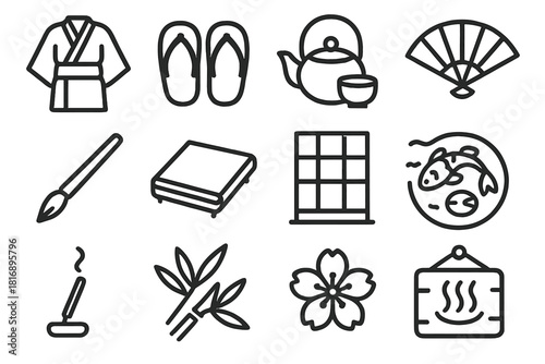 Japanese Cultural Icons. Cultural Touches linear icon set. yukata, geta sandals, tea set, folding fan, calligraphy brush, tatami mat, paper wall, koi pond, incense stick, bamboo