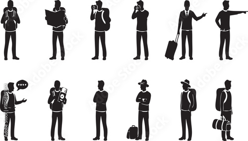 Collection of traveler silhouettes showcasing various poses and activities, including carrying luggage, using maps, taking photos, and pointing, all in black against a white backdrop
