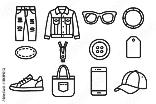 Modern Denim Outlines. Modern denim fashion linear icon set. ripped jeans, jacket, sneakers, tote bag, sunglasses, bracelet, patch, zipper, button, tag, phone, hat