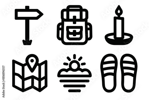 Sacred Trail Icons. Sacred Route silhouette icon set. trail sign, backpack, candle, map, open sky, sandals
