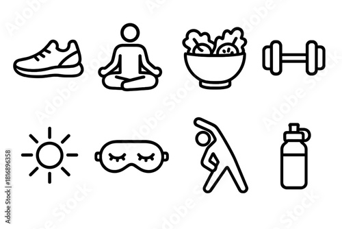 Healthy Lifestyle Icons. Health Lifestyle linear icon set: running shoe, yoga pose, salad bowl, dumbbell, sun disk, sleep mask, stretching figure, hydration bottle