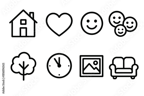 Happy Family Icons. Happy Home linear icon set. house, heart, smiling faces, family group, tree, clock, photo frame, cozy couch