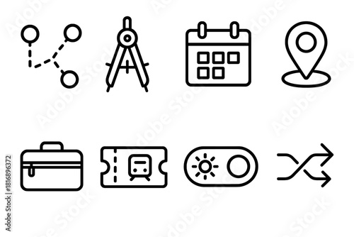 Modular Travel Icons. Flexible Travel Plans linear icon set: modular route map, adjustable compass, open calendar, waypoint pin, packing cube, transit ticket, weather toggle, route
