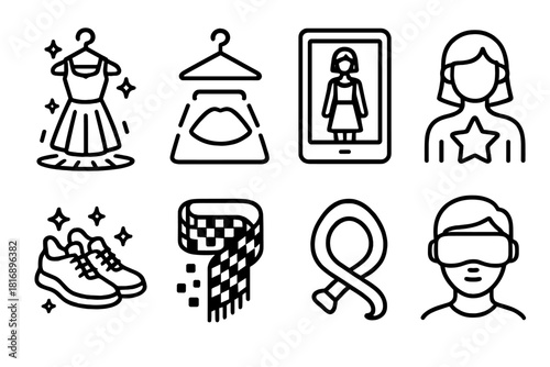 Virtual Fashion Showcase. Virtual Wardrobe linear icon set: holographic dress, digital hanger, fashion tablet, avatar model, glowing shoes, pixel scarf, style icon, VR headset