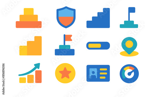 Modern Achievement Icons. Tiered Levels flat icon set: level blocks, tier shield, ascending staircase, category labels, benchmark flag, progress bar, ranked arrow, achievement