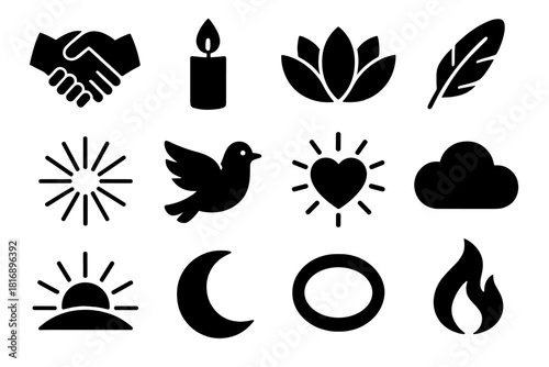 Sacred Brutalist Icons. Sacred Union silhouette icon set : joined hands, candlelight, lotus flower, feather, radiant beam, dove, glowing heart, soft cloud, sunrise, moon, golden