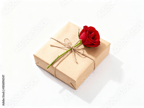 Minimalist craft paper gift box decorated with fresh red rose flower and twine bow isolated on white background with copy space for romantic Valentine's Day present concept