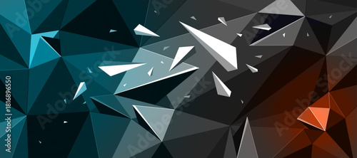 Dark polygonal vector abstract background with color spotlights, low poly surface with explosion of flying debris particles, 3D dynamism broken structure, motion force elements.