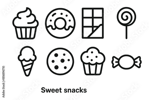 Sweet Treat Icons. Sweet Snacks linear icon set. cupcake, donut, chocolate, lollipop, ice cream, cookie, muffin, candy.