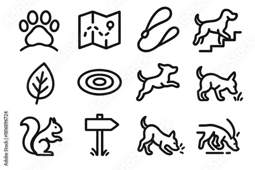 Pet Adventure Icons. Active Pet Adventures linear icon set: hiking paw, trail map, leash icon, climbing steps, forest leaf, creek ripple, playful jump, curiosity nose, squirrel