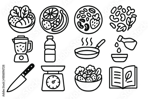 Balanced Diet Icons. Balanced diet cooking linear icon set: protein bowl, whole grains, fruit platter, nuts, blender, water bottle, cooking pan, cutting knife, scale, veggie mix