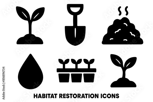 Brutalist Habitat Icons. Habitat Restoration silhouette icon set. sapling, shovel, compost pile, rain droplet, seedling tray, sprouting plant