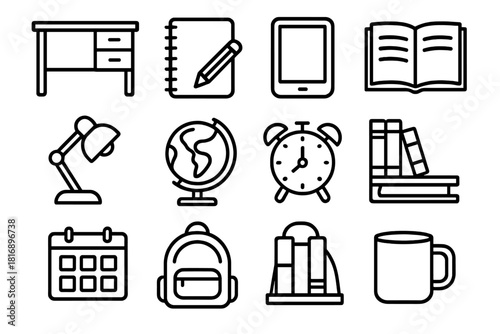 Study Essentials Icons. Study essentials linear icon set. desk, notebook, pencil, tablet, open book, lamp, globe, clock, bookshelf, calendar, backpack, mug