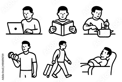 Diverse Man Icons. Man Activities Set linear icon set: working man, reading man, cooking man, exercising man, traveling man, resting man