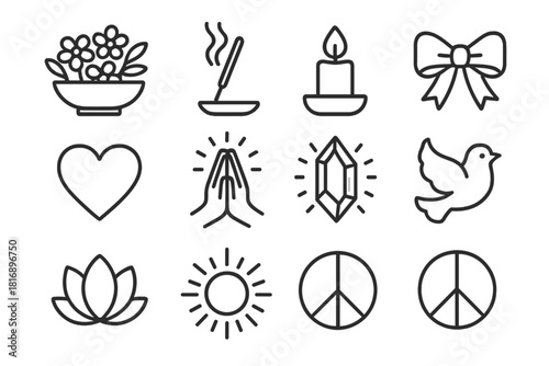 Sacred Symbols Icons. Offering & Blessing Set linear icon set. bowl of flowers, incense, candle flame, ribbon bow, heart, folded hands, light aura, crystal, dove, lotus petal