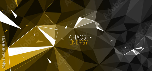 Low poly surface with geometric particles in motion, 3D polygonal vector abstract background with dynamic chaos of flying debris, science and technology.