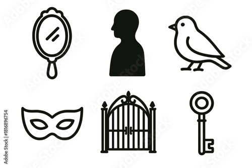 Mystical Symbolic Icons. Fateful Visions linear icon set. mirror, shadow, bird, mask, gate, key