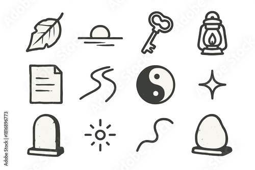 Nostalgic Memory Icons. Past Memory linear icon set: faded leaf, distant horizon, old key icon, soft lantern, vintage note, quiet path, reflective symbol, subtle spark, aged curve