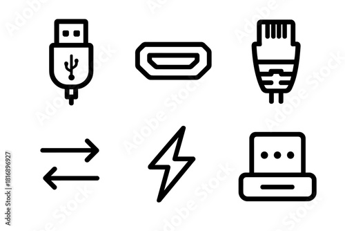 Device Connectivity Icons. Device Connectivity linear icon set: USB cable, HDMI port, Ethernet plug, Thunderbolt connector, docking station, data transfer arrows