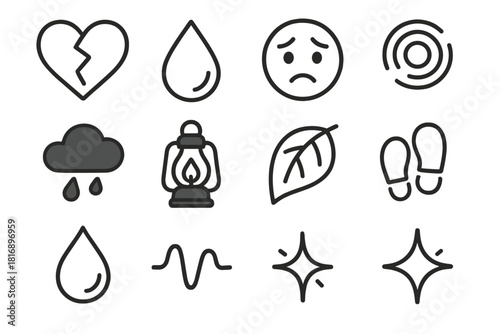 Emotional Icons Set. Emotional Worry linear icon set: fragile heart, tear droplet, soft shadow, worried face outline, tension ripple, heavy cloud, gentle lantern, concern leaf