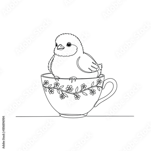 Charming hand drawn illustration of a fluffy chick nestled inside a decorative teacup