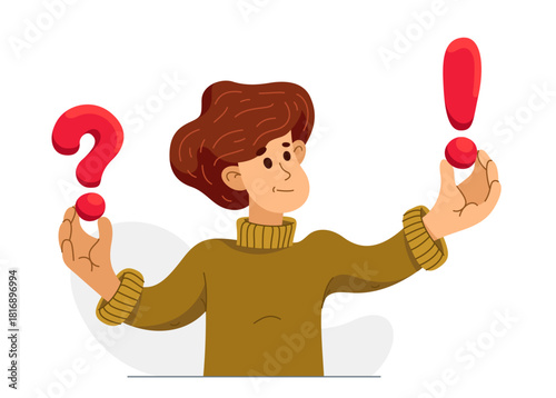 Young man having a doubt and question, vector illustration of a person who is hesitating and thinking about some problem, decide uncertainty.