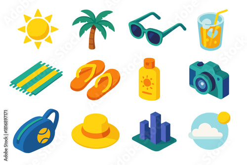 Summer Isometric Icons. Australian Open – Summer Vibes flat icon set: bright sun, palm tree, sunglasses, cold drink, beach towel, flip-flops, sunscreen, camera, tennis bag, hat
