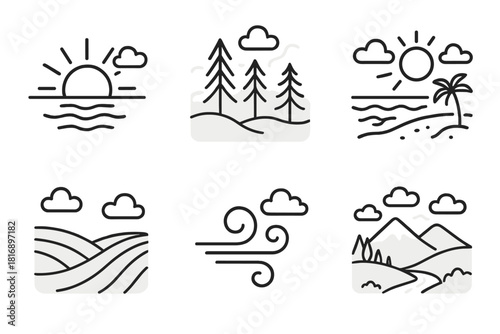 Serene Nature Icons. Serene Nature Scenes Set linear icon set: sunrise horizon, misty forest, tranquil beach, rolling fields, light breeze swirl, peaceful valley