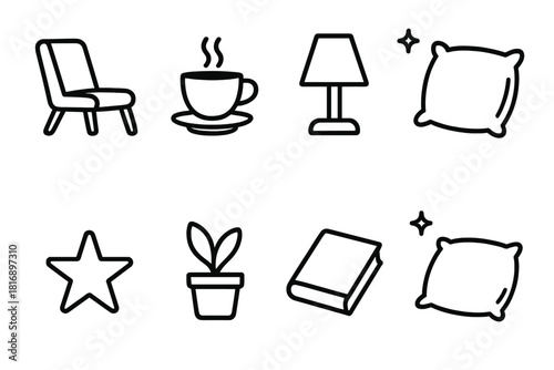 Iconic Relaxation Elements. Peaceful Rest Set linear icon set: chair, tea cup, lamp, cushion, stars, plant, book, pillow