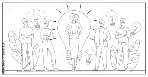 Diverse team of professionals surrounding a central figure within a large lightbulb symbolizing innovation and collaboration