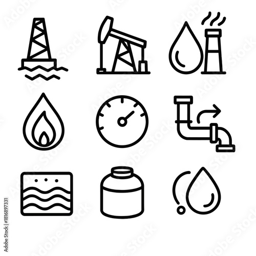 Oil and Energy Icons. Oil & Energy Symbols linear icon set: extraction icon, pump jack, fuel droplet, refinery stack, combustion flame, measurement gauge, pipeline line, energy