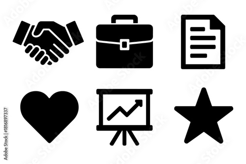 Brutalist Business Icons. Client proposal silhouette icon set. handshake, briefcase, document paper, heart, chart board, star.