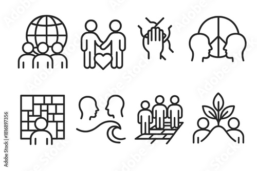 Unity Icons. Cultural harmony themes linear icon set: global connection, shared humanity, collaborative spirit, peaceful coexistence, cultural mosaic, understanding wave, unity