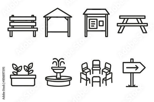 Community Space Icons. Community interaction spaces elements linear icon set: park bench, open pavilion, bulletin board, picnic table, garden planter, water fountain, meeting