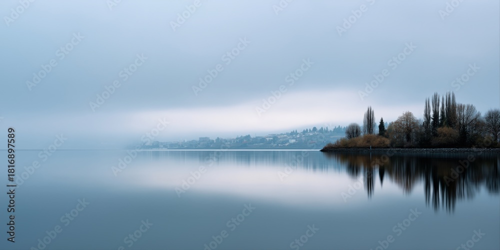 Fototapeta premium Serene lakeside landscape with misty reflections and bare trees on a tranquil day