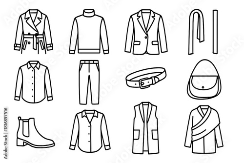 Layered Fashion Icons. Modern Layers linear icon set : trench coat, turtleneck, tailored blazer, slim scarf, linen shirt, wool trousers, leather belt, crossbody bag, ankle boots