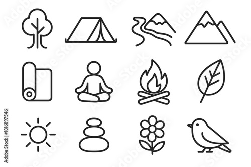 Nature Icons Compilation. Nature Retreat linear icon set. tree, tent, river, mountain, yoga mat, meditation figure, campfire, leaf, sun, stone stack, flower, bird