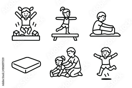 Children's Gymnastics Icons. Children’s Gymnastics linear icon set: foam pit, balance beam, stretching kid, soft mat, coach guidance, playful jump