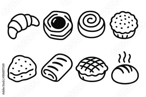 Assorted Pastry Icons. Warm Pastries linear icon set. baked croissant, jam-filled danish, cinnamon bun, flaky tart, butter scone, chocolate pastry, apple pie, steaming bread roll